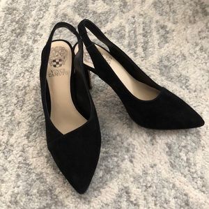 Vince Camuto black suede sling back heels